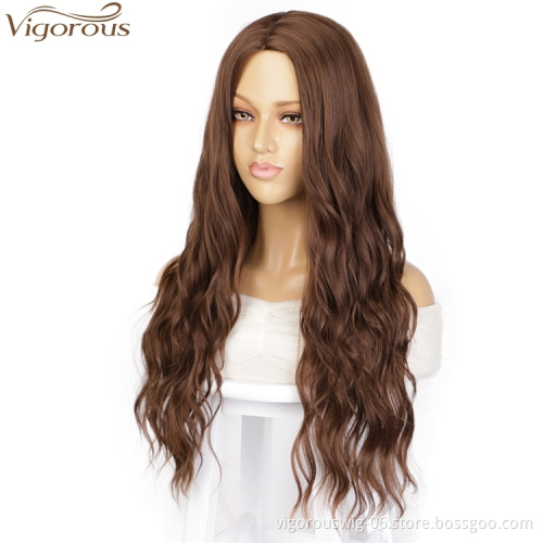 Vigorous Top Quality Fashion For Ladies Long Brown Wavy Wigs Middle Part Synthetic Fiber Wigs For Black Women Wholesales